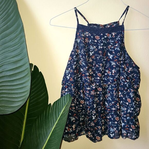 Abercrombie Blue Floral Ruffled Top Blouse Size M - Picture 1 of 7